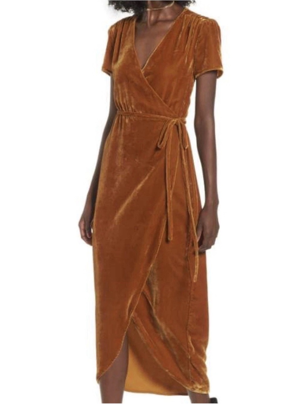 WAYF Gold Wrap Velvet Midi Dress S